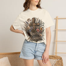 Load image into Gallery viewer, Rooted Before Blooming T-shirt — Floral Cross Christian Faith Tee