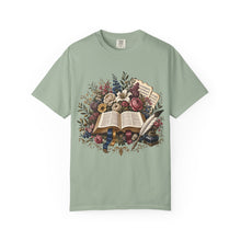 Load image into Gallery viewer, Bible & Blooms T-Shirt — Floral Open Book Scripture Design