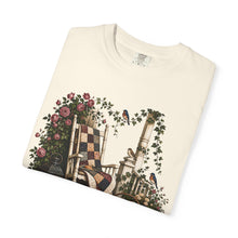Load image into Gallery viewer, Vintage Porch Scene T-Shirt — Rocking Chair, Quilt & Garden Cottage Graphic
