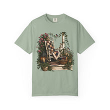 Load image into Gallery viewer, Vintage Porch Scene T-Shirt — Rocking Chair, Quilt & Garden Cottage Graphic