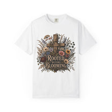 Load image into Gallery viewer, Rooted Before Blooming T-shirt — Floral Cross Christian Faith Tee