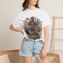 Load image into Gallery viewer, Rooted Before Blooming T-shirt — Floral Cross Christian Faith Tee