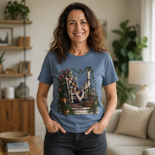 Load image into Gallery viewer, Vintage Porch Scene T-Shirt — Rocking Chair, Quilt & Garden Cottage Graphic