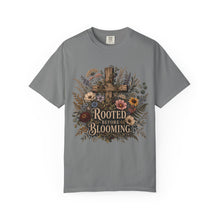 Load image into Gallery viewer, Rooted Before Blooming T-shirt — Floral Cross Christian Faith Tee