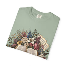 Load image into Gallery viewer, Bible & Blooms T-Shirt — Floral Open Book Scripture Design