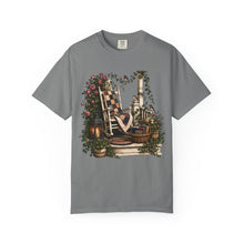 Load image into Gallery viewer, Vintage Porch Scene T-Shirt — Rocking Chair, Quilt & Garden Cottage Graphic
