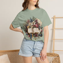 Load image into Gallery viewer, Bible & Blooms T-Shirt — Floral Open Book Scripture Design