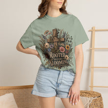Load image into Gallery viewer, Rooted Before Blooming T-shirt — Floral Cross Christian Faith Tee