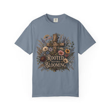 Load image into Gallery viewer, Rooted Before Blooming T-shirt — Floral Cross Christian Faith Tee
