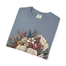 Load image into Gallery viewer, Bible &amp; Blooms T-Shirt — Floral Open Book Scripture Design
