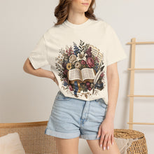 Load image into Gallery viewer, Bible &amp; Blooms T-Shirt — Floral Open Book Scripture Design
