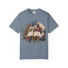 Load image into Gallery viewer, Bible &amp; Blooms T-Shirt — Floral Open Book Scripture Design
