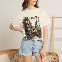 Load image into Gallery viewer, Vintage Porch Scene T-Shirt — Rocking Chair, Quilt &amp; Garden Cottage Graphic

