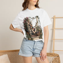 Load image into Gallery viewer, Vintage Porch Scene T-Shirt — Rocking Chair, Quilt &amp; Garden Cottage Graphic
