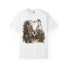 Load image into Gallery viewer, Vintage Porch Scene T-Shirt — Rocking Chair, Quilt &amp; Garden Cottage Graphic
