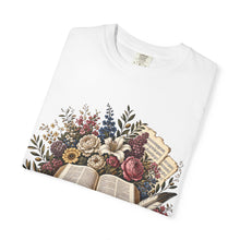 Load image into Gallery viewer, Bible &amp; Blooms T-Shirt — Floral Open Book Scripture Design
