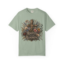 Load image into Gallery viewer, Rooted Before Blooming T-shirt — Floral Cross Christian Faith Tee
