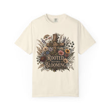 Load image into Gallery viewer, Rooted Before Blooming T-shirt — Floral Cross Christian Faith Tee
