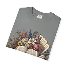 Load image into Gallery viewer, Bible &amp; Blooms T-Shirt — Floral Open Book Scripture Design
