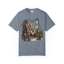 Load image into Gallery viewer, Vintage Porch Scene T-Shirt — Rocking Chair, Quilt &amp; Garden Cottage Graphic
