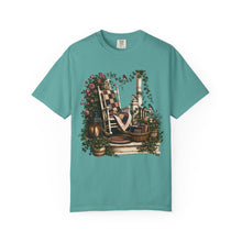 Load image into Gallery viewer, Vintage Porch Scene T-Shirt — Rocking Chair, Quilt &amp; Garden Cottage Graphic
