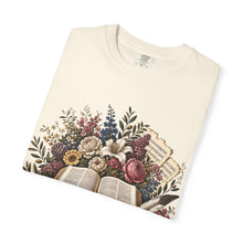 Load image into Gallery viewer, Bible &amp; Blooms T-Shirt — Floral Open Book Scripture Design
