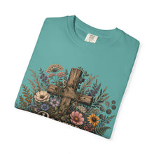 Load image into Gallery viewer, Rooted Before Blooming T-shirt — Floral Cross Christian Faith Tee
