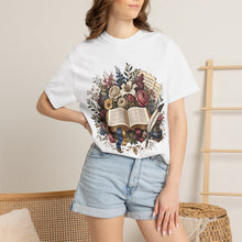 Load image into Gallery viewer, Bible &amp; Blooms T-Shirt — Floral Open Book Scripture Design
