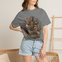 Load image into Gallery viewer, Rooted Before Blooming T-shirt — Floral Cross Christian Faith Tee
