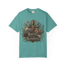 Load image into Gallery viewer, Rooted Before Blooming T-shirt — Floral Cross Christian Faith Tee
