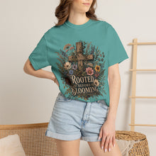 Load image into Gallery viewer, Rooted Before Blooming T-shirt — Floral Cross Christian Faith Tee
