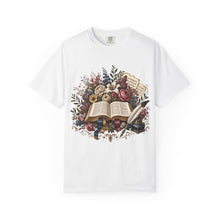 Load image into Gallery viewer, Bible &amp; Blooms T-Shirt — Floral Open Book Scripture Design
