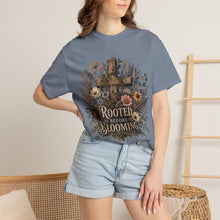 Load image into Gallery viewer, Rooted Before Blooming T-shirt — Floral Cross Christian Faith Tee
