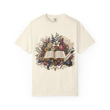 Load image into Gallery viewer, Bible &amp; Blooms T-Shirt — Floral Open Book Scripture Design
