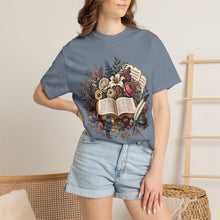 Load image into Gallery viewer, Bible &amp; Blooms T-Shirt — Floral Open Book Scripture Design
